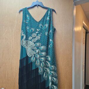 Green beaded Flapper Dress peacock black fringe